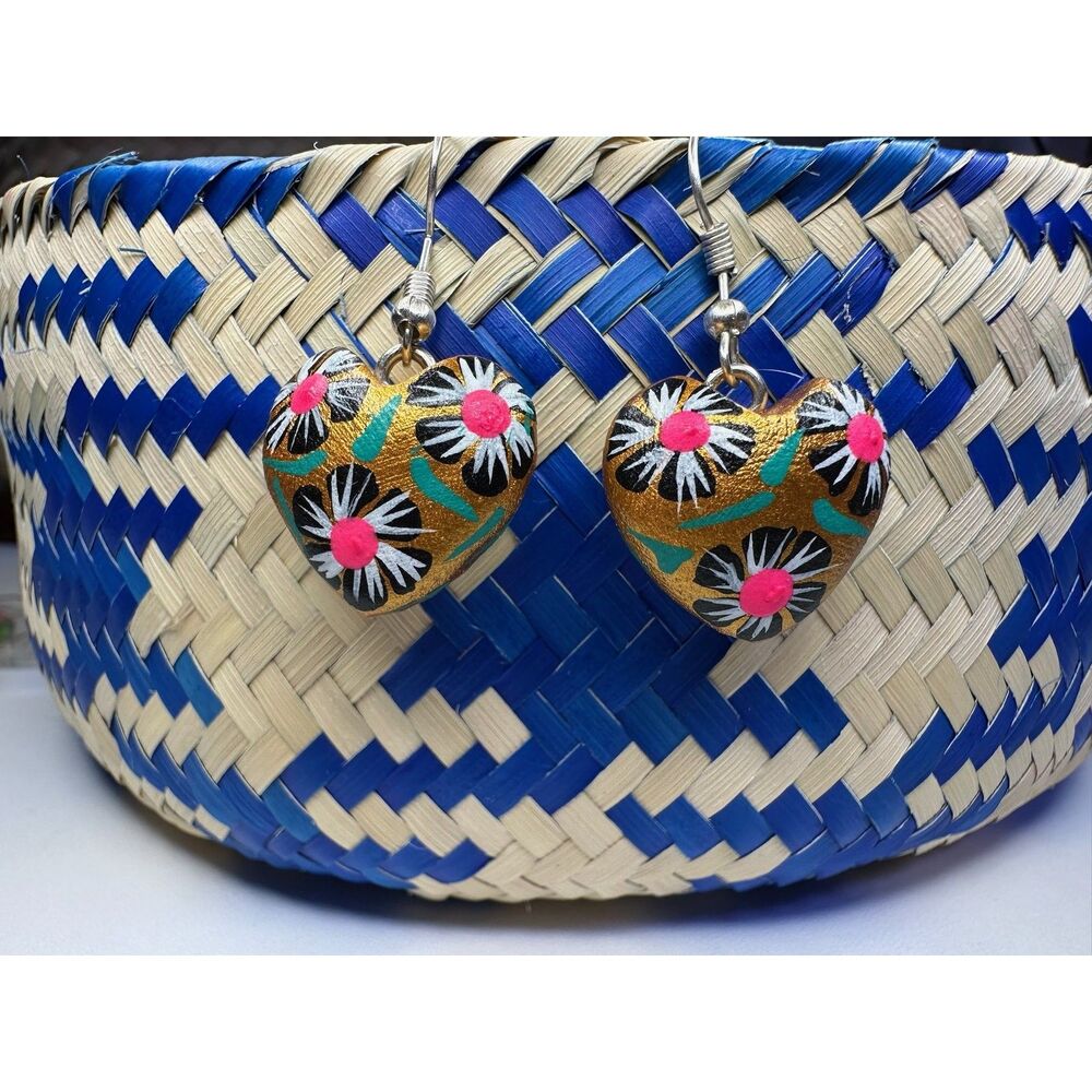 Gold Wood Heart Earrings Hand Painted Mexican Folk Art Oaxaca Floral Dangle Boho